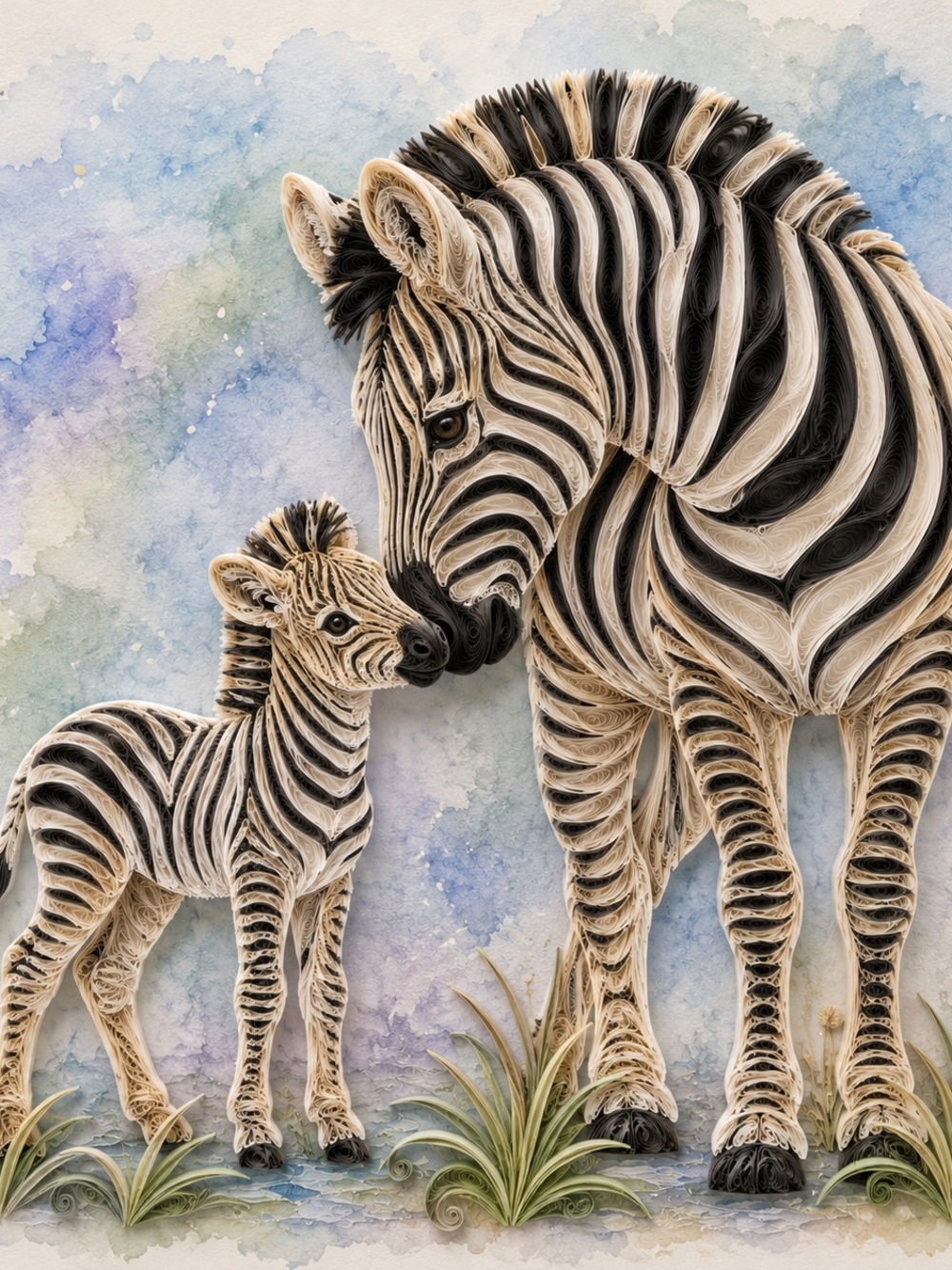 8x8 Black Framed Quilled Mother & Baby Zebra Wall Art Print